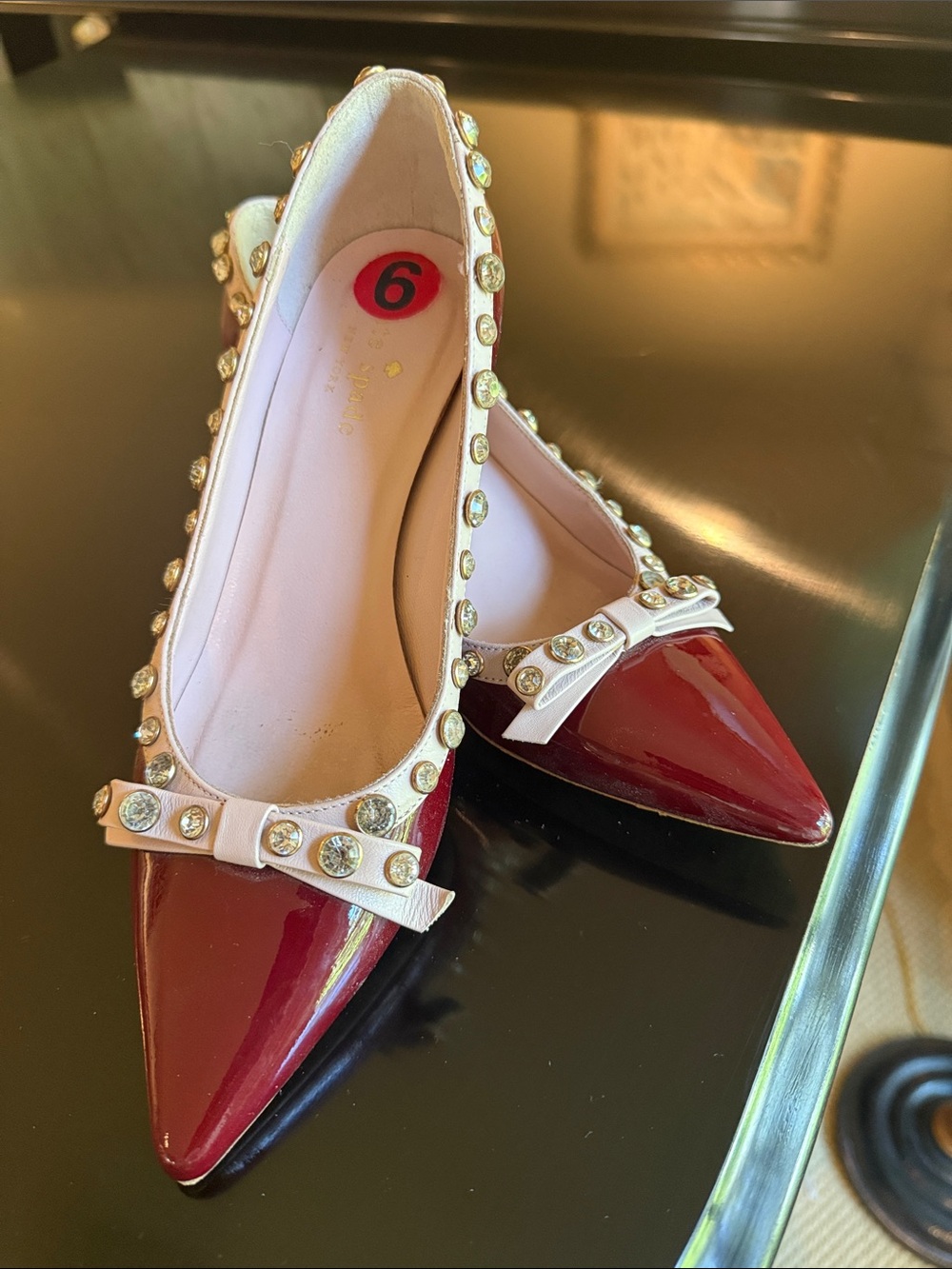kate spade Red Patent Pointed-Toe Bow Flats with Crystal Studs